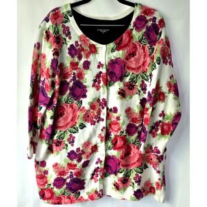 Laura Scott Womans Floral Sweater Cardigan Size XL With Black Tee XL